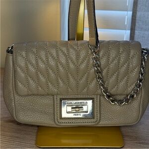 Karl Lagerfeld Paris Agyness Quilted Leather Crossbody Bag Purse in Beige